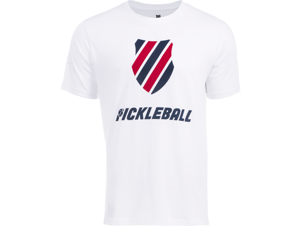 104432-114 | MENS PICKLEBALL T-SHIRT | WHITE/BLUE/RED