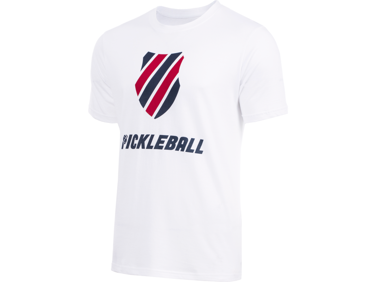 104432-114 | MENS PICKLEBALL T-SHIRT | WHITE/BLUE/RED